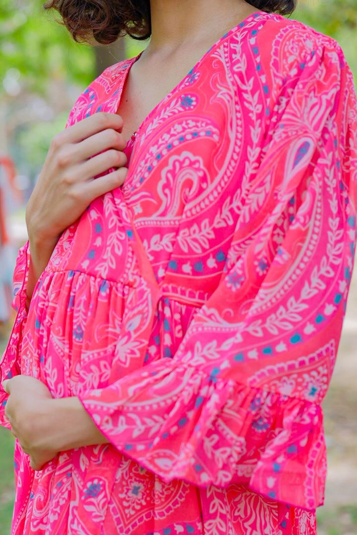 Rose Pink Paisley Maternity & Nursing Midi Wrap Dress momzjoy.com