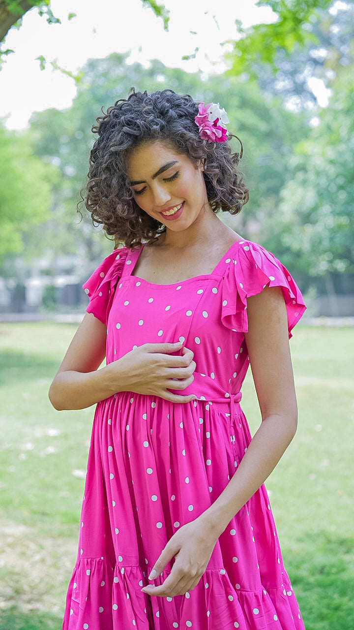 Lovable Fuchsia Baby Polka Maternity & Nursing Frill Dress (100% Cotton) MOMZJOY.COM