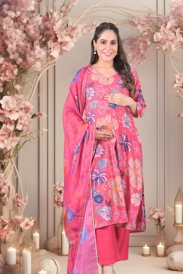 Rouge Floral Maternity & Nursing Kurta + Bump Band Bottom + Dupatta (3 Pc) (100% Cotton) momzjoy.com