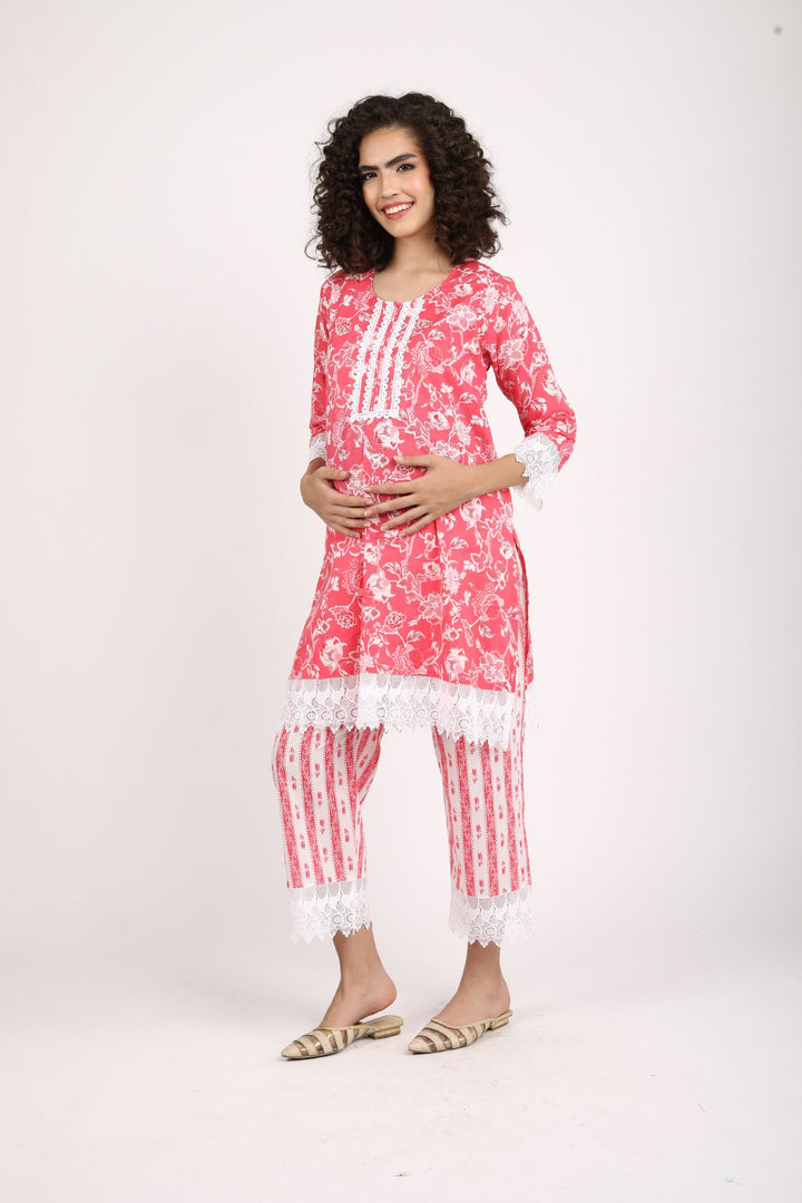 Rosy Pink Maternity & Nursing Kurta + Bump Band Bottom (2 Pc) (100% Cotton) momzjoy.com