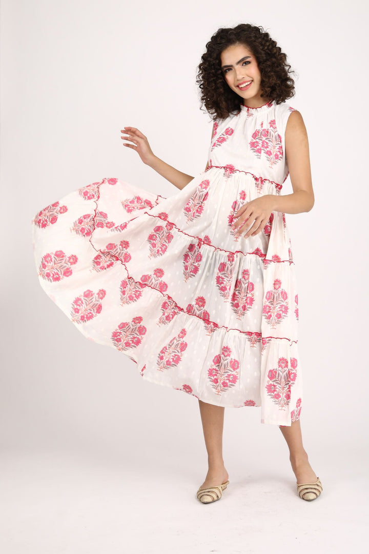 Snowy White Maternity & Nursing Frill Dress (100% Cotton) momzjoy.com