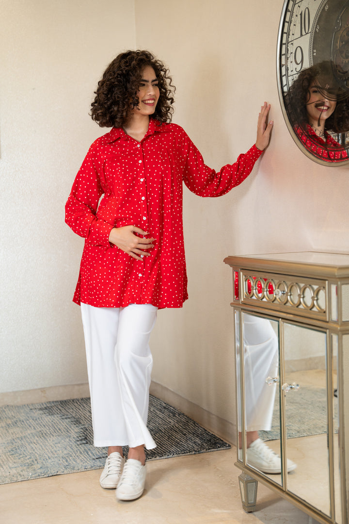 Breezy Cherry Red Gathered  Polka Maternity & Nursing Top momzjoy.com