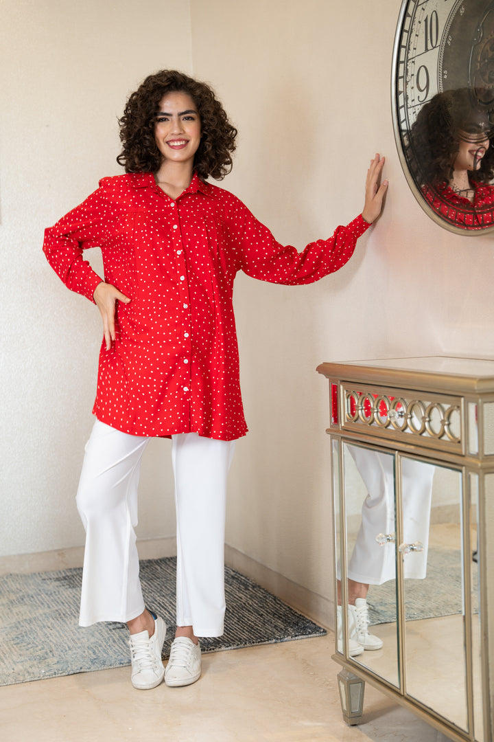 Breezy Cherry Red Gathered  Polka Maternity & Nursing Top momzjoy.com