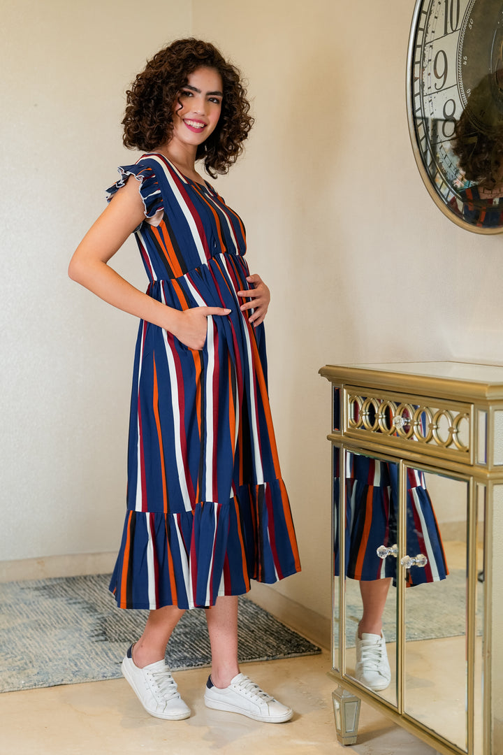 Vivacious French Navy Stripe Maternity & Nursing Dress MOMZJOY.COM