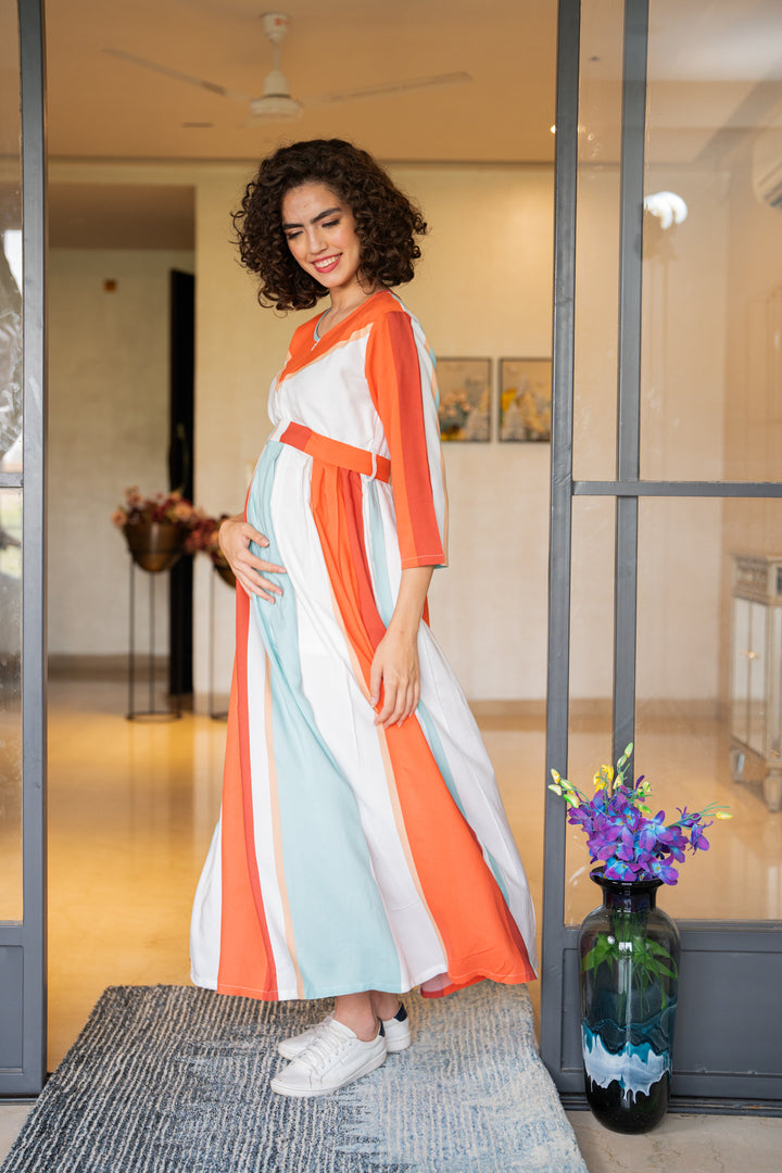 Classic Creamy Pumpkin Stripe Maternity & Nursing Maxi (100% Cotton) momzjoy.com