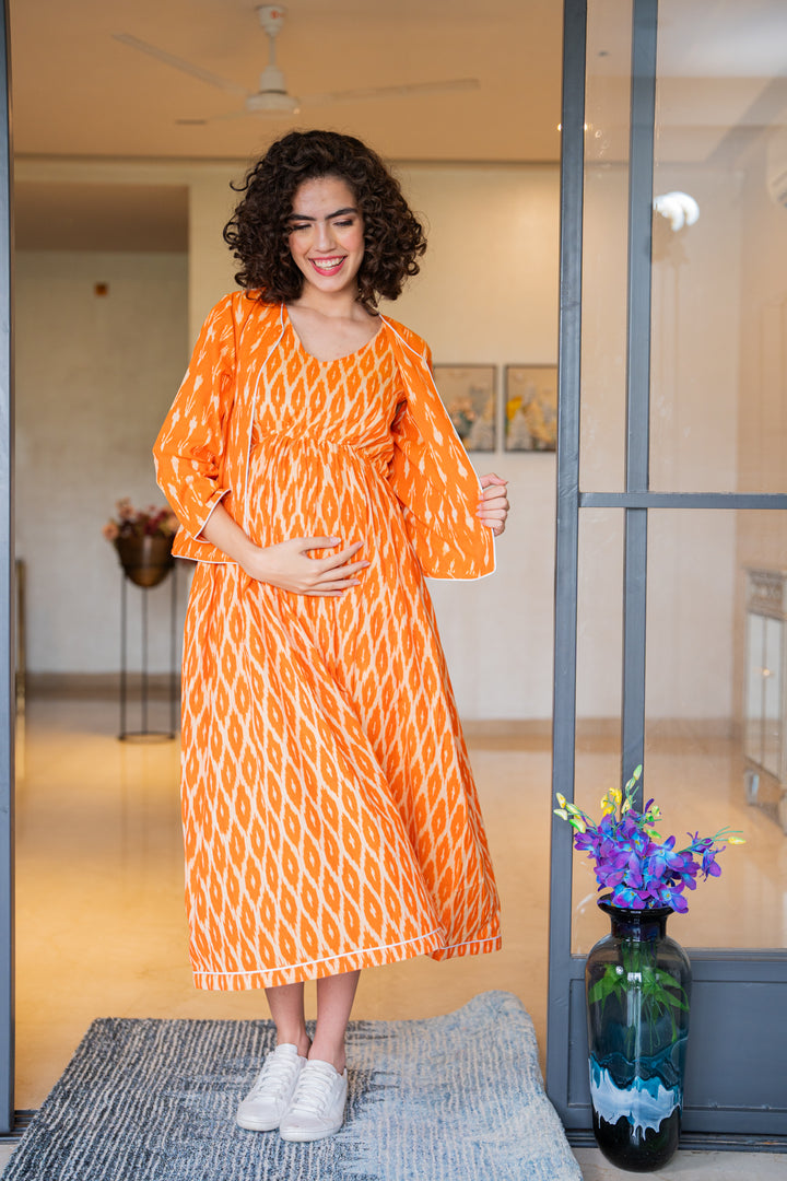 Vibrant Tangerine Ikat Maternity & Nursing Dress With Jacket (100% Cotton) (2Pc) momzjoy.com