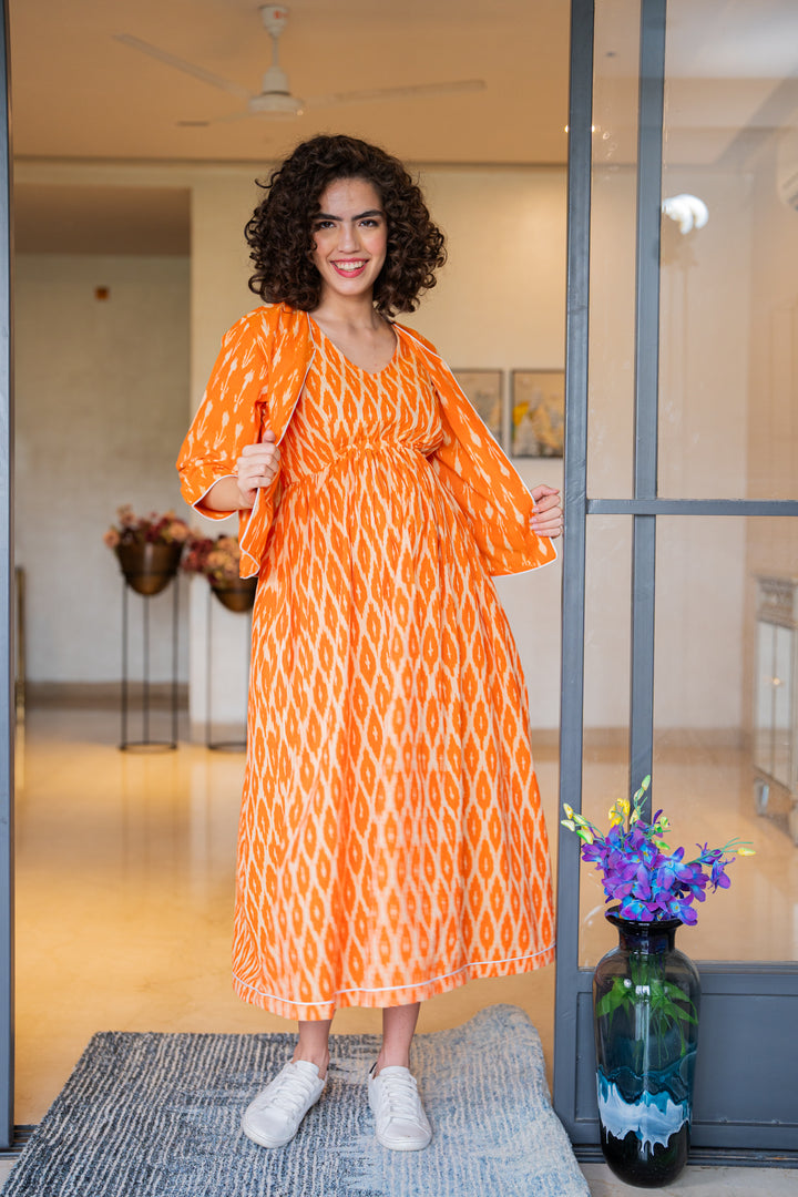 Vibrant Tangerine Ikat Maternity & Nursing Dress With Jacket (100% Cotton) (2Pc) momzjoy.com