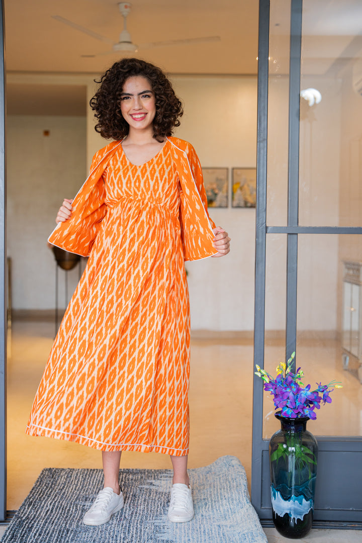 Vibrant Tangerine Ikat Maternity & Nursing Dress With Jacket (100% Cotton) (2Pc) momzjoy.com