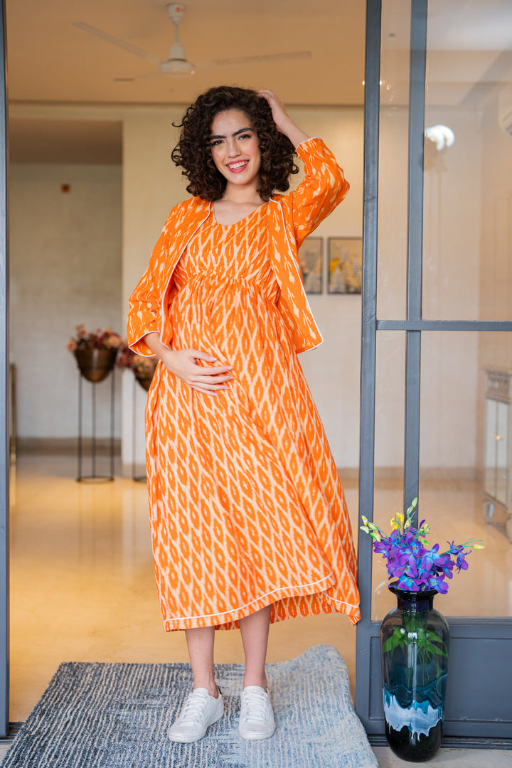 Vibrant Tangerine Ikat Maternity & Nursing Dress With Jacket (100% Cotton) (2Pc) momzjoy.com