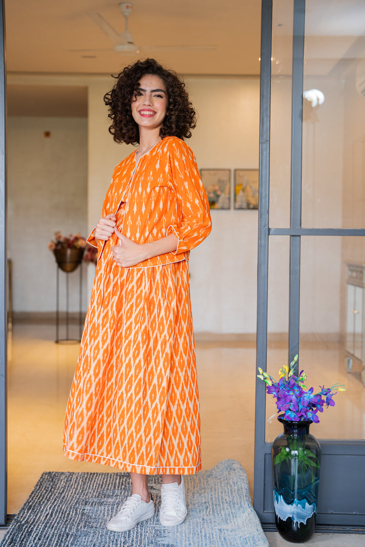 Vibrant Tangerine Ikat Maternity & Nursing Dress With Jacket (100% Cotton) (2Pc) momzjoy.com