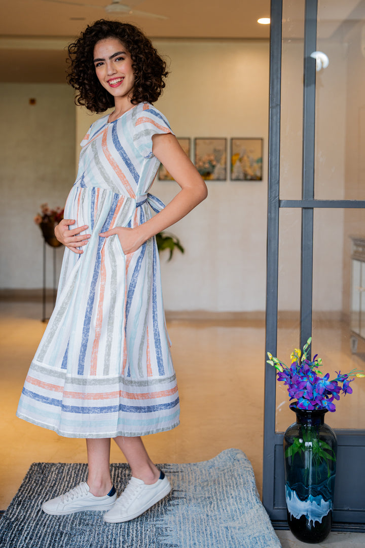 Pristine White Striped Maternity & Nursing Dress (100% Cotton) MOMZJOY.COM
