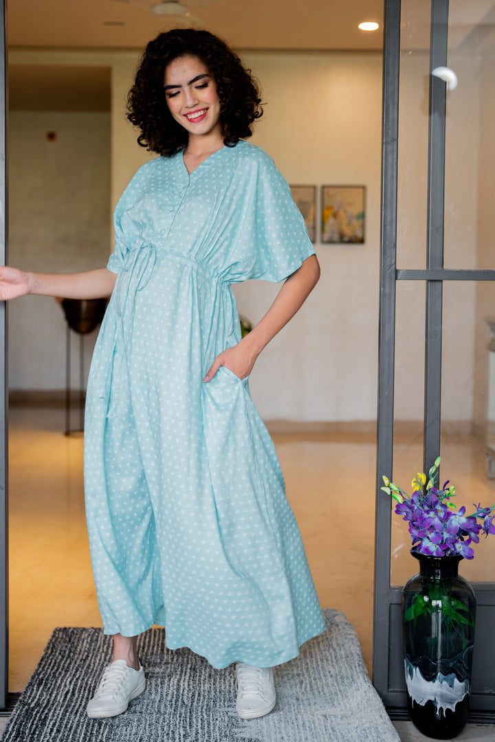 Triangle Pale Turquoise Maternity & Nursing Dress / Delivery Gown/ Night Dress MOMZJOY.COM