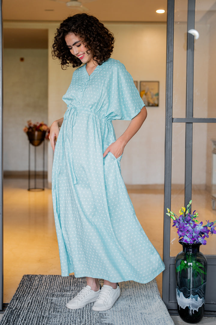 Triangle Pale Turquoise Maternity & Nursing Dress / Delivery Gown/ Night Dress MOMZJOY.COM