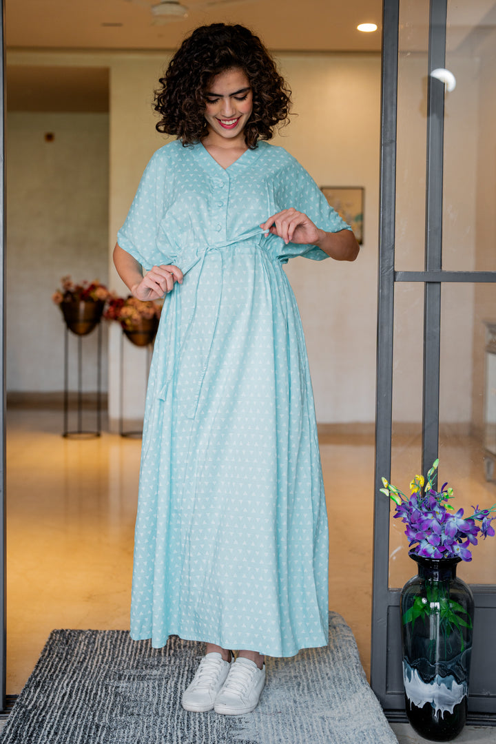 Triangle Pale Turquoise Maternity & Nursing Dress / Delivery Gown/ Night Dress MOMZJOY.COM