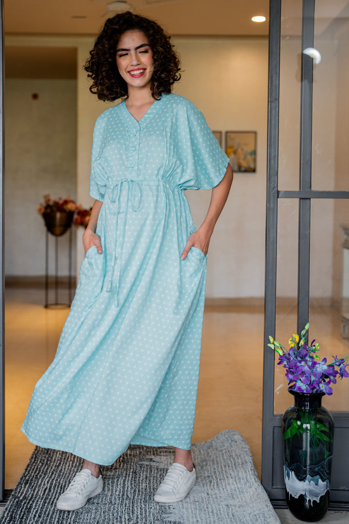 Triangle Pale Turquoise Maternity & Nursing Dress / Delivery Gown/ Night Dress MOMZJOY.COM