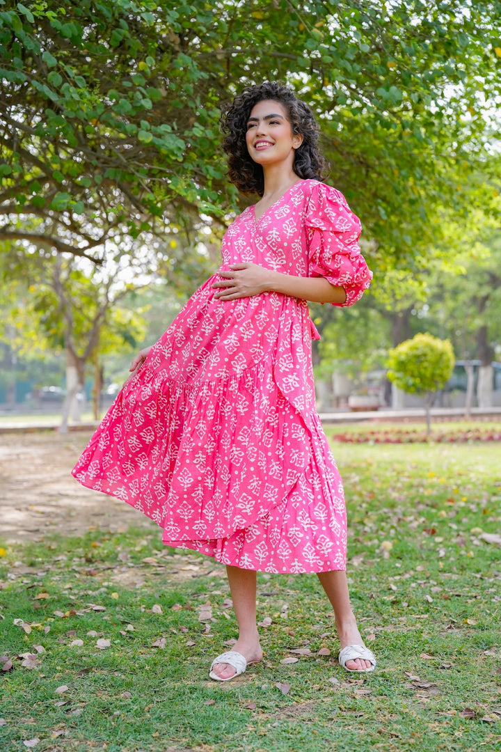 Winsome Baby Pink Maternity & Nursing Frill Wrap Dress (100% Cotton) momzjoy.com