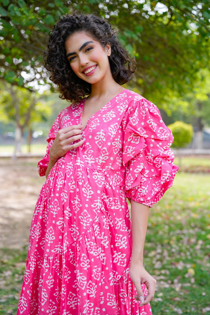 Winsome Baby Pink Maternity & Nursing Frill Wrap Dress (100% Cotton) momzjoy.com