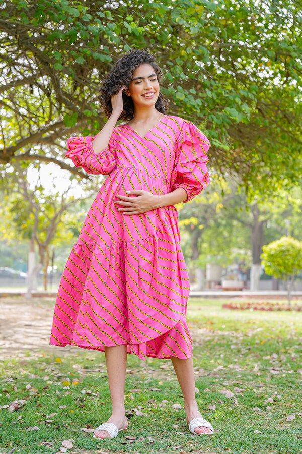 Appealing Pink Blush Maternity & Nursing Frill Wrap Dress (100% Cotton) momzjoy.com