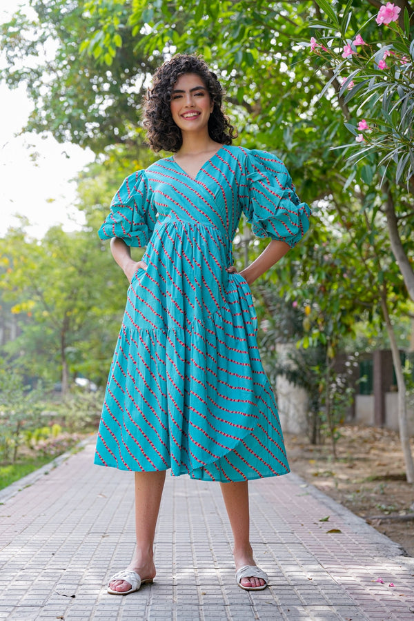 Charming Cerulean Blue Maternity & Nursing Frill Wrap Dress (100% Cotton) momzjoy.com