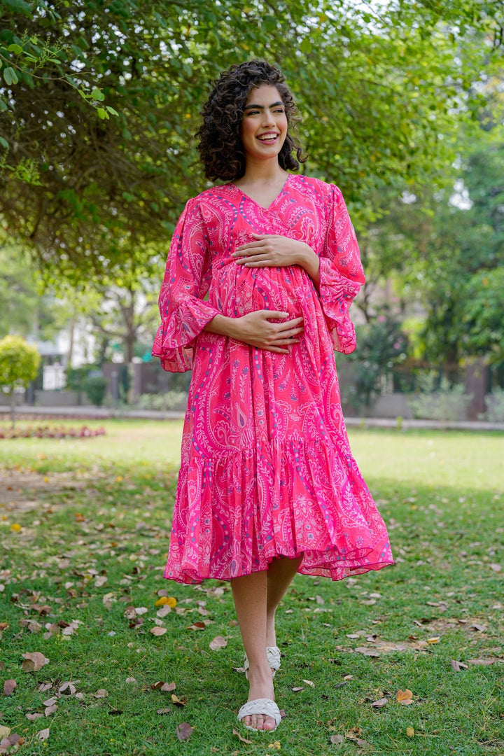 Rose Pink Paisley Maternity & Nursing Midi Wrap Dress momzjoy.com