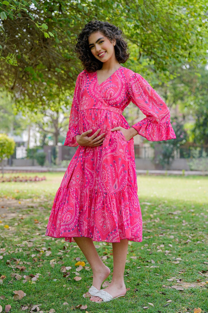 Rose Pink Paisley Maternity & Nursing Midi Wrap Dress momzjoy.com