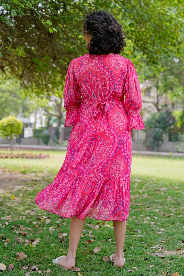 Rose Pink Paisley Maternity & Nursing Midi Wrap Dress momzjoy.com