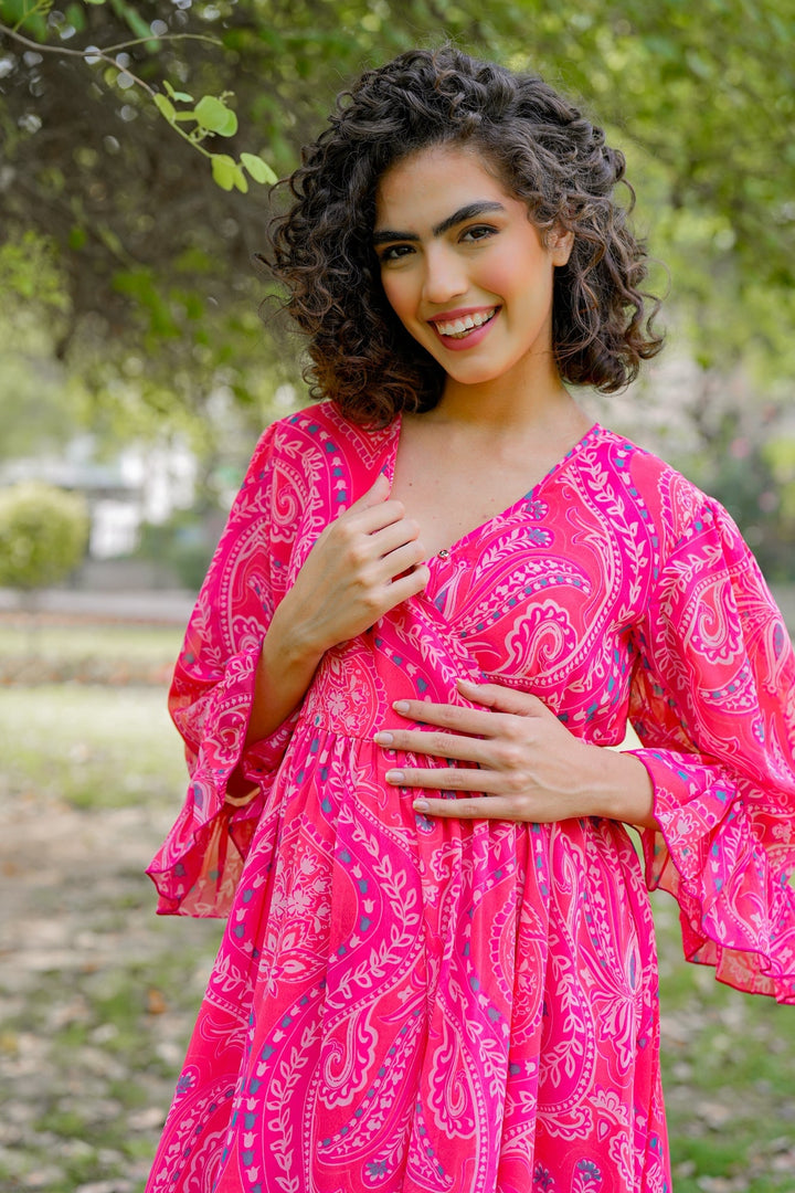 Rose Pink Paisley Maternity & Nursing Midi Wrap Dress momzjoy.com