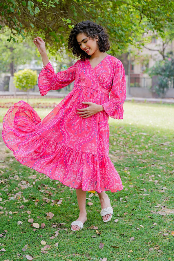 Rose Pink Paisley Maternity & Nursing Midi Wrap Dress momzjoy.com