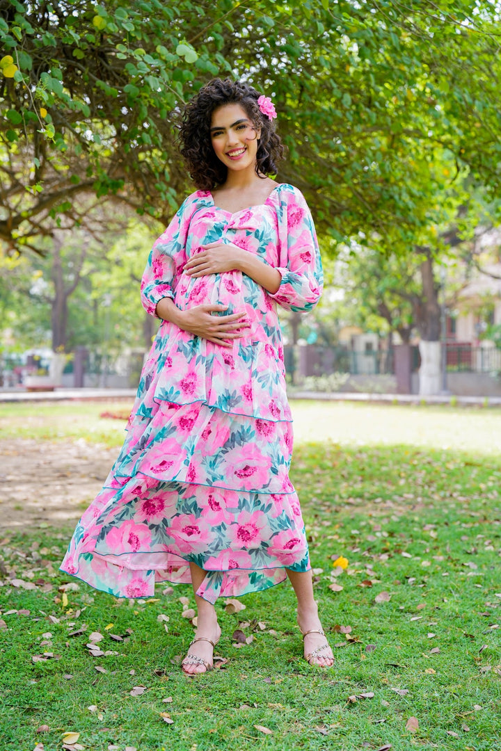 Cheery Flower Pop Blossom Pink Maternity Layered Dress momzjoy.com