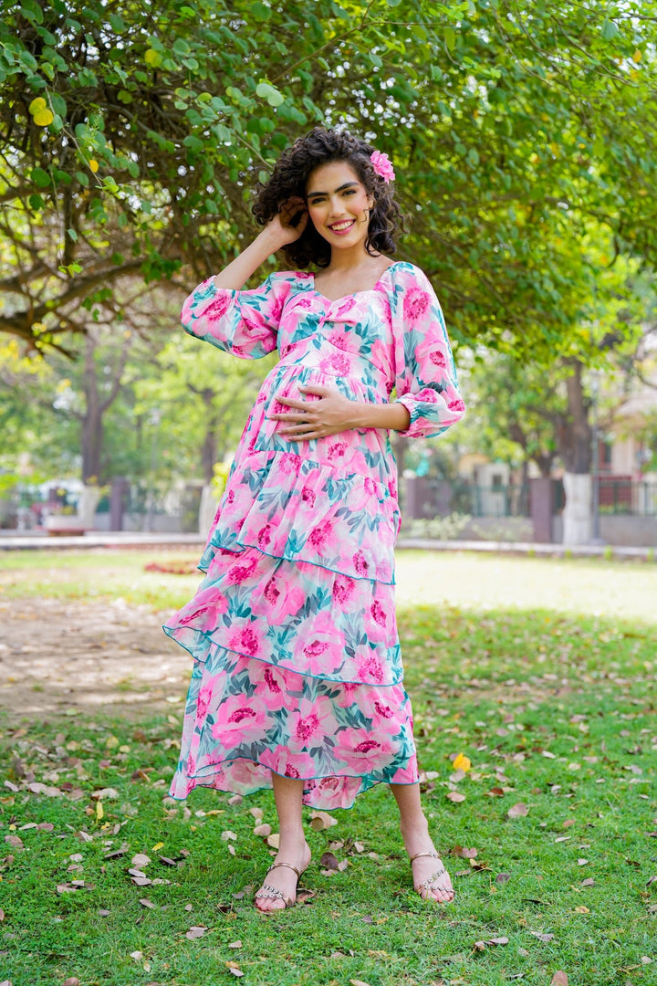 Cheery Flower Pop Blossom Pink Maternity Layered Dress momzjoy.com