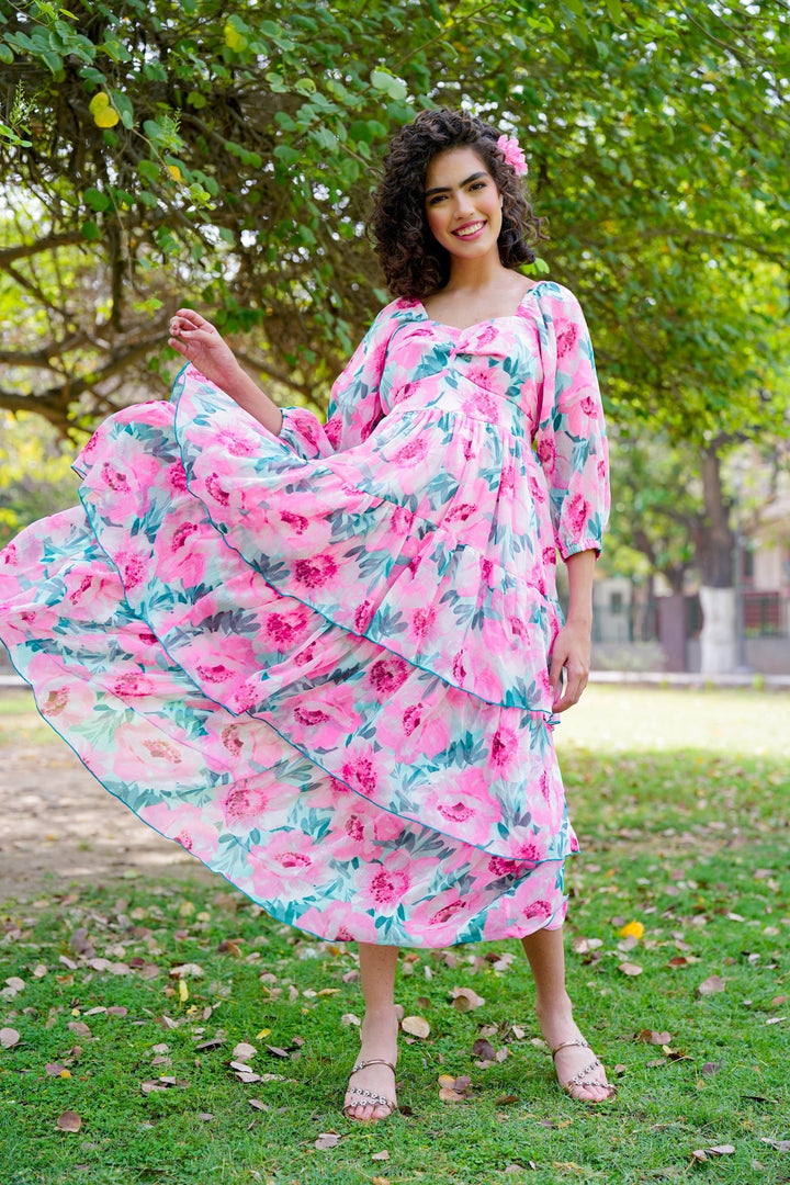 Cheery Flower Pop Blossom Pink Maternity Layered Dress momzjoy.com