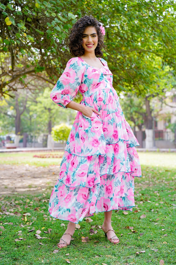 Cheery Flower Pop Blossom Pink Maternity Layered Dress momzjoy.com