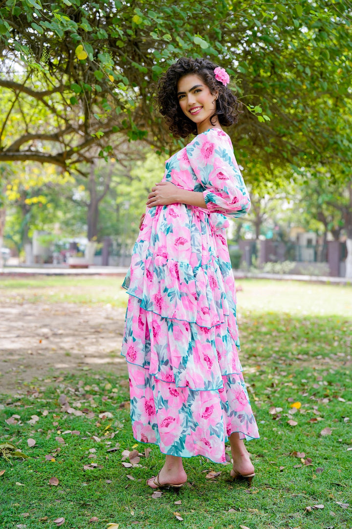 Cheery Flower Pop Blossom Pink Maternity Layered Dress momzjoy.com