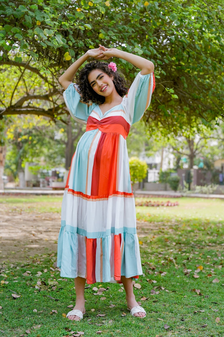 Cascading Retro Rust Ice Blue Striped Maternity Gathered Dress (100% Cotton) momzjoy.com