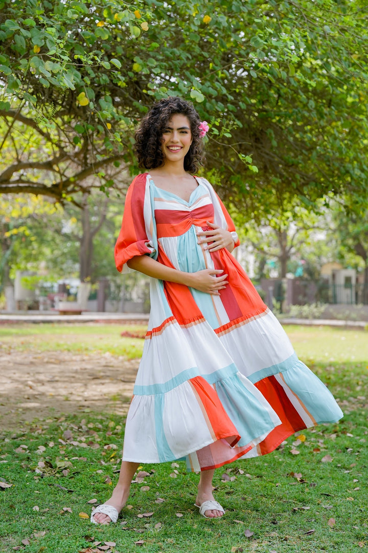 Cascading Retro Rust Ice Blue Striped Maternity Gathered Dress (100% Cotton) momzjoy.com