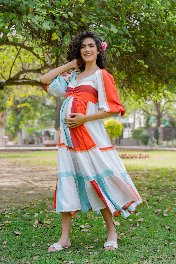 Cascading Retro Rust Ice Blue Striped Maternity Gathered Dress (100% Cotton) momzjoy.com