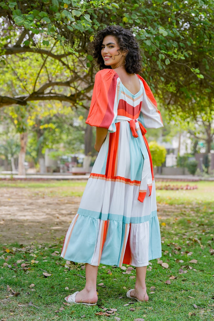 Cascading Retro Rust Ice Blue Striped Maternity Gathered Dress (100% Cotton) momzjoy.com