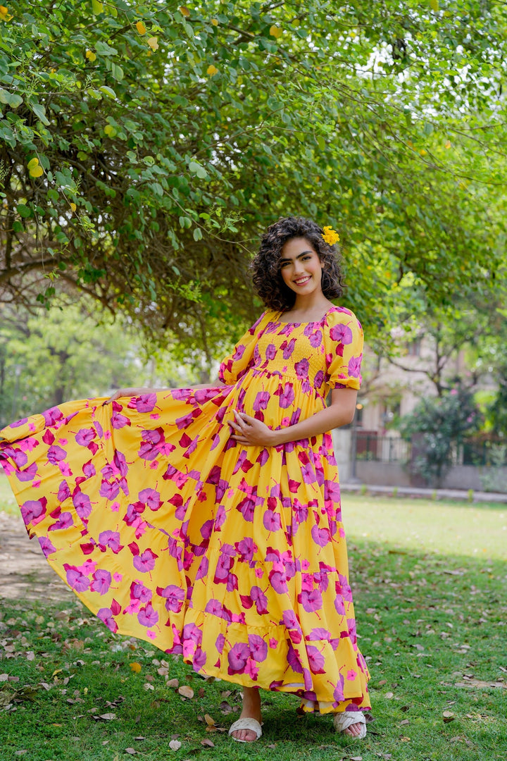 Vibrant Canary Yellow Fresh Blossom Maternity Layered Dress momzjoy.com