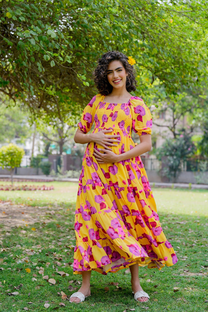 Vibrant Canary Yellow Fresh Blossom Maternity Layered Dress momzjoy.com