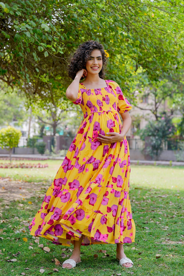 Vibrant Canary Yellow Fresh Blossom Maternity Layered Dress momzjoy.com