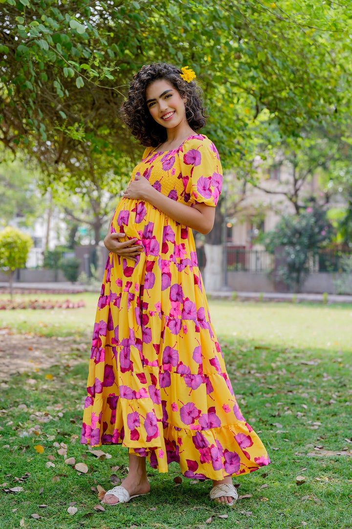 Vibrant Canary Yellow Fresh Blossom Maternity Layered Dress momzjoy.com