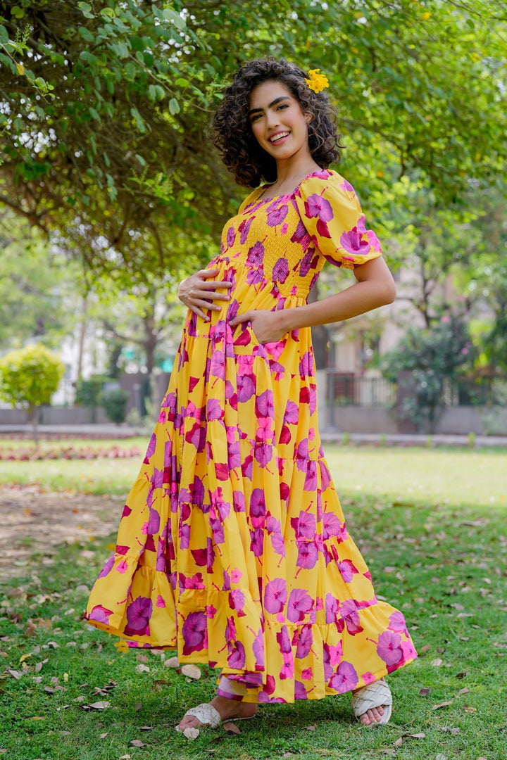 Vibrant Canary Yellow Fresh Blossom Maternity Layered Dress momzjoy.com