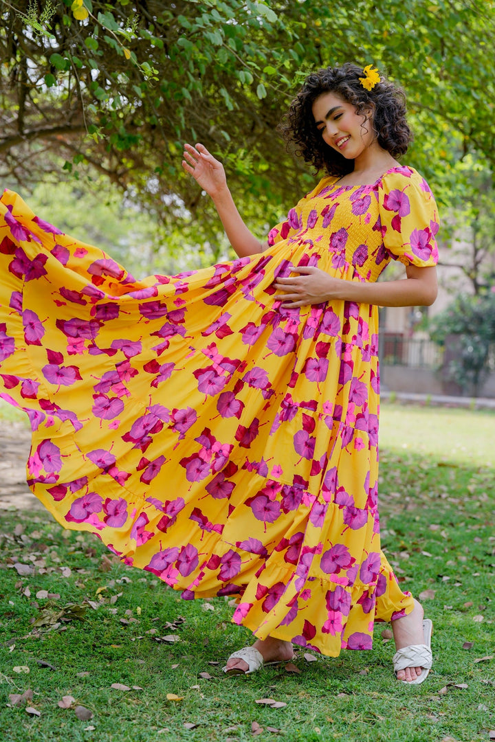 Vibrant Canary Yellow Fresh Blossom Maternity Layered Dress momzjoy.com