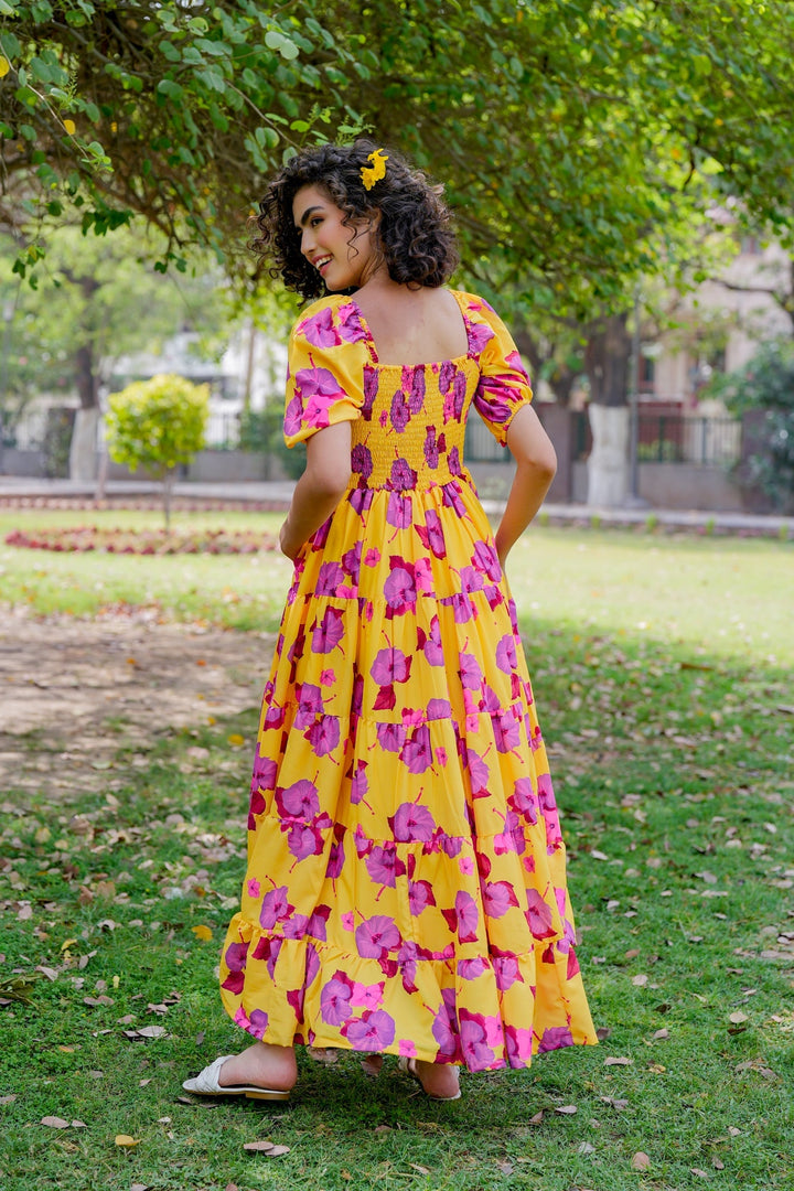 Vibrant Canary Yellow Fresh Blossom Maternity Layered Dress momzjoy.com