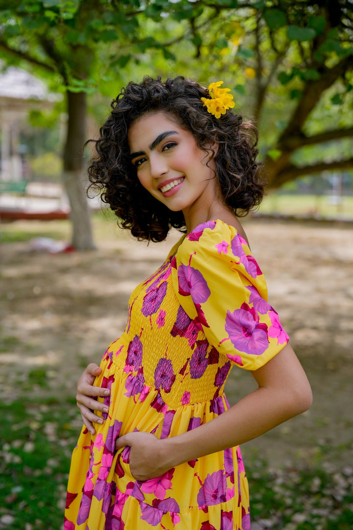 Vibrant Canary Yellow Fresh Blossom Maternity Layered Dress momzjoy.com