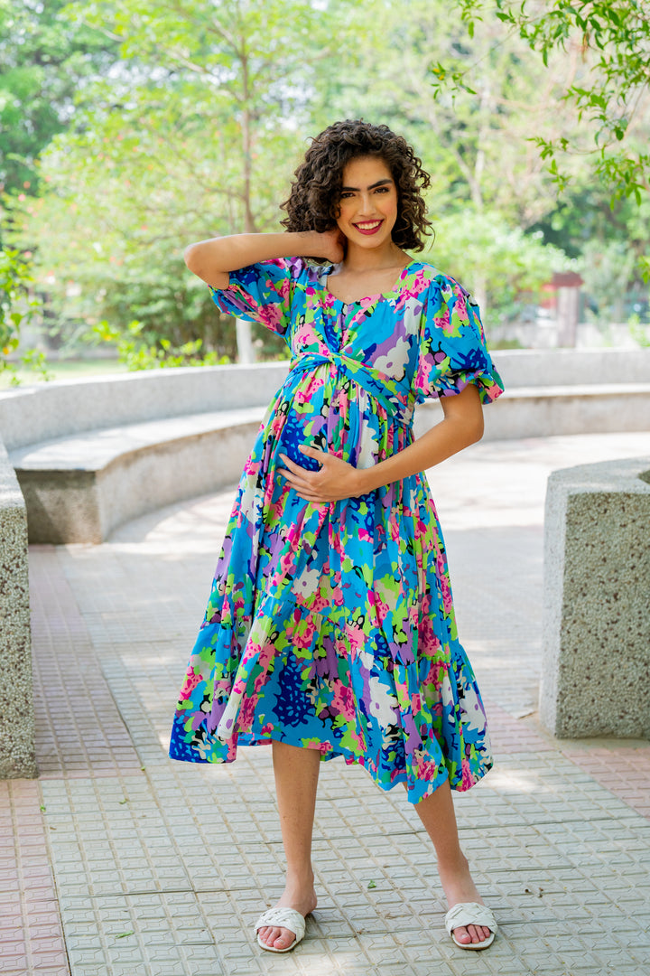 Charming Blue Blossom Maternity Knot Dress MOMZJOY.COM