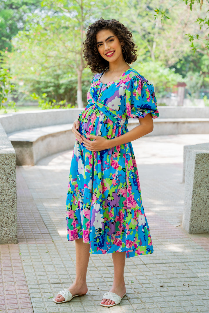 Charming Blue Blossom Maternity Knot Dress MOMZJOY.COM