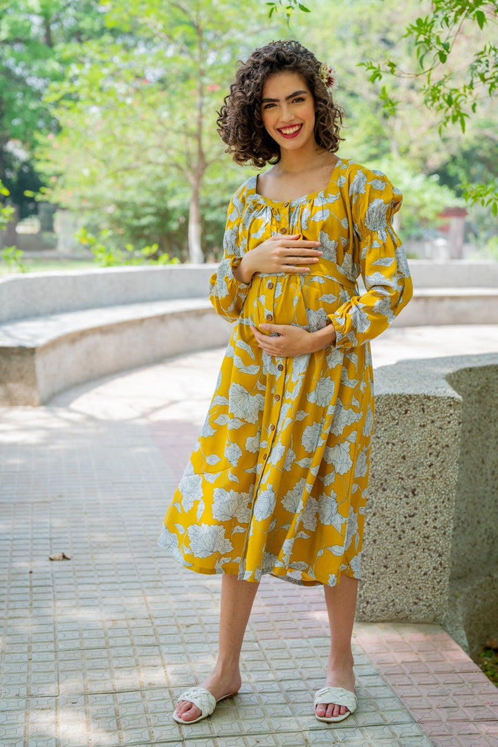 Blooming Canary Yellow Maternity & Nursing Dress momzjoy.com
