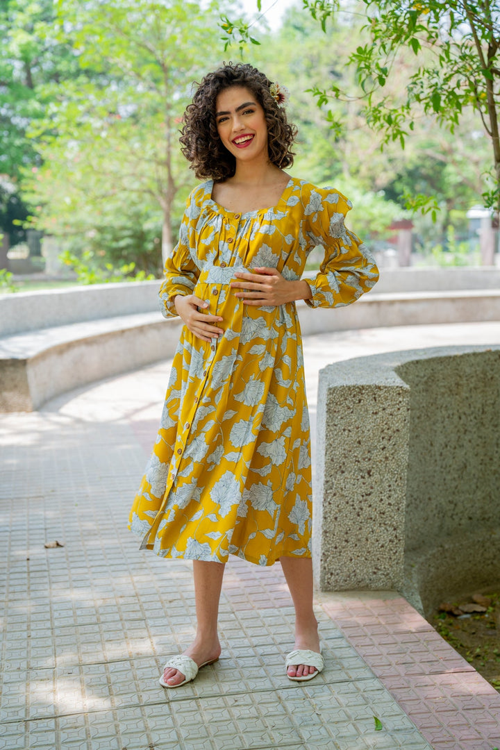 Blooming Canary Yellow Maternity & Nursing Dress momzjoy.com