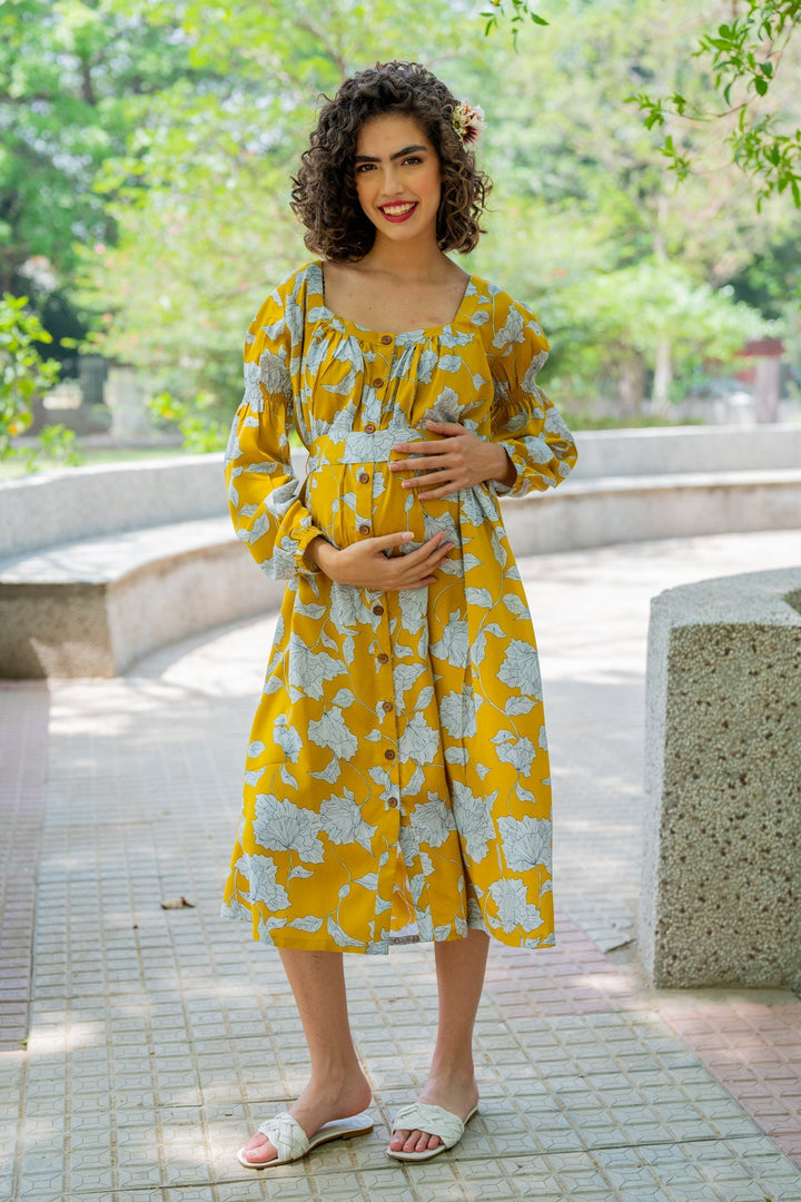 Blooming Canary Yellow Maternity & Nursing Dress momzjoy.com